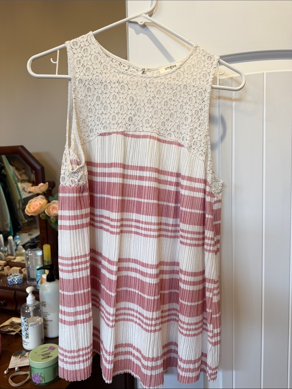Crochet Yoke Striped Tank Top - Cream & Dusty Rose